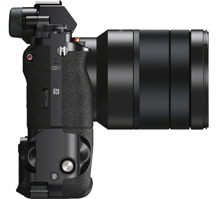 Black camera body with attached lens. The top side is visible, showing controls and a grip.