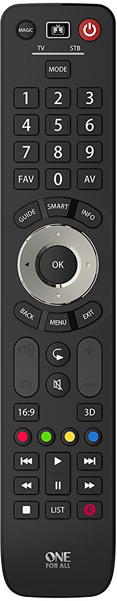 Télécommande noire avec de nombreux boutons, dont chiffres, navigation et volume.