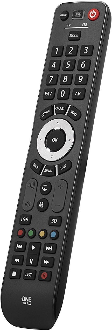Télécommande noire avec de nombreux boutons et étiquettes de texte.