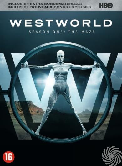 DVD-hoes voor Westworld. Een vrouw staat in een cirkel. Donkere achtergrond.