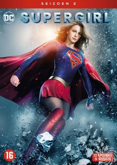 DVD-hoes: Supergirl in kostuum, rode cape, blauw pak, op een besneeuwde achtergrond.