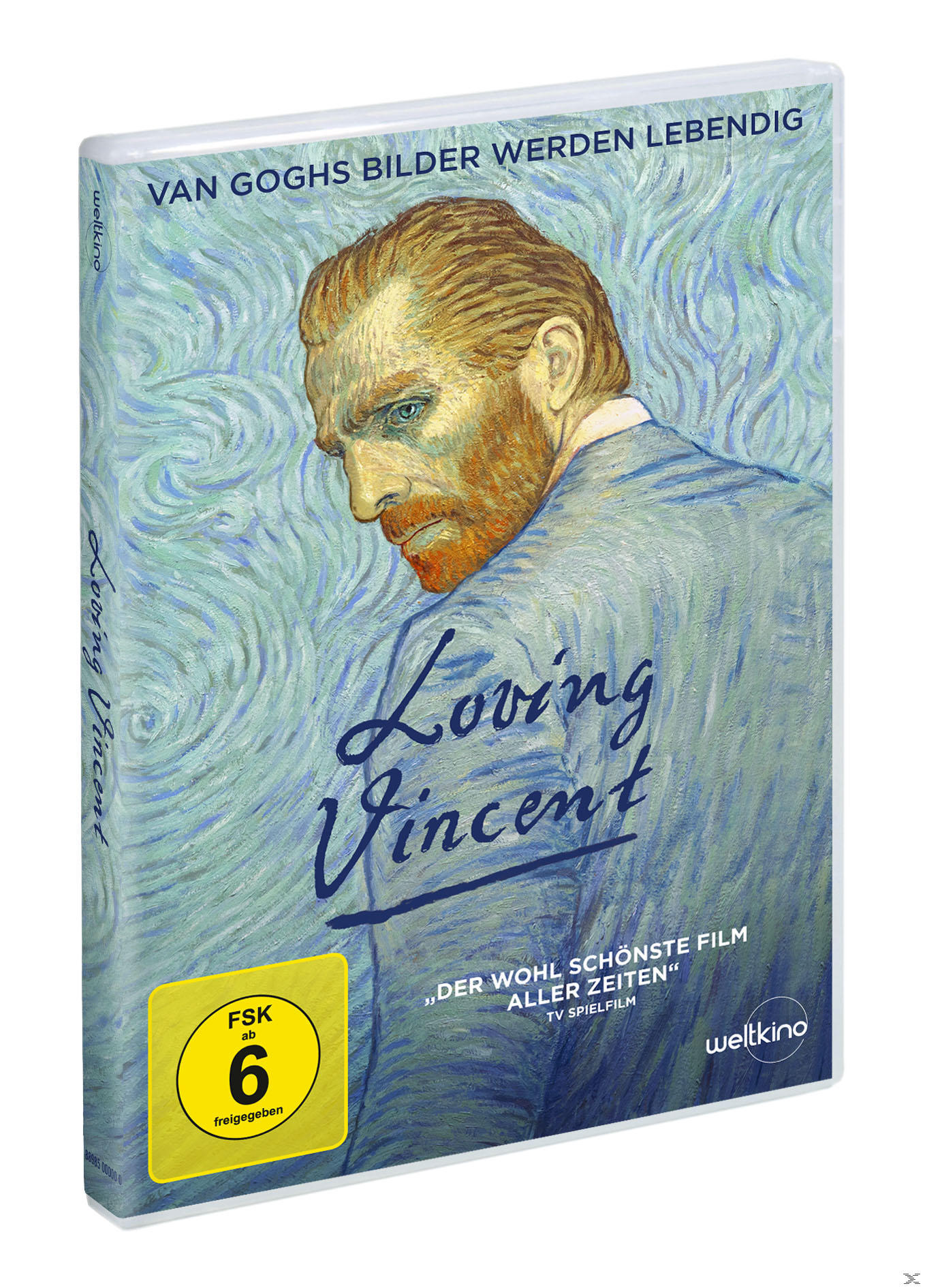 DVD-Cover von 'Loving Vincent', ein Film über Van Gogh. Mit einem gemalten Porträt des Künstlers.