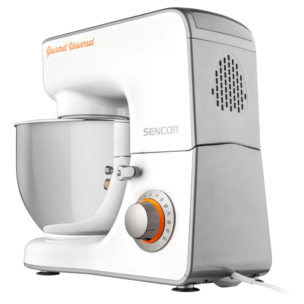 Fehér és szürke Sencor Gourmet Universal konyhai robotgép, fehér háttéren.