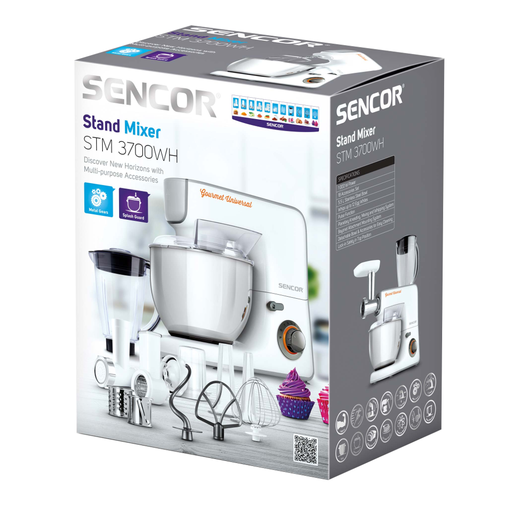 Dobozos fehér állványos keverőgép tartozékokkal. A szöveg szerint 'Stand Mixer STM 3700WH' és felsorolja a funkciókat.