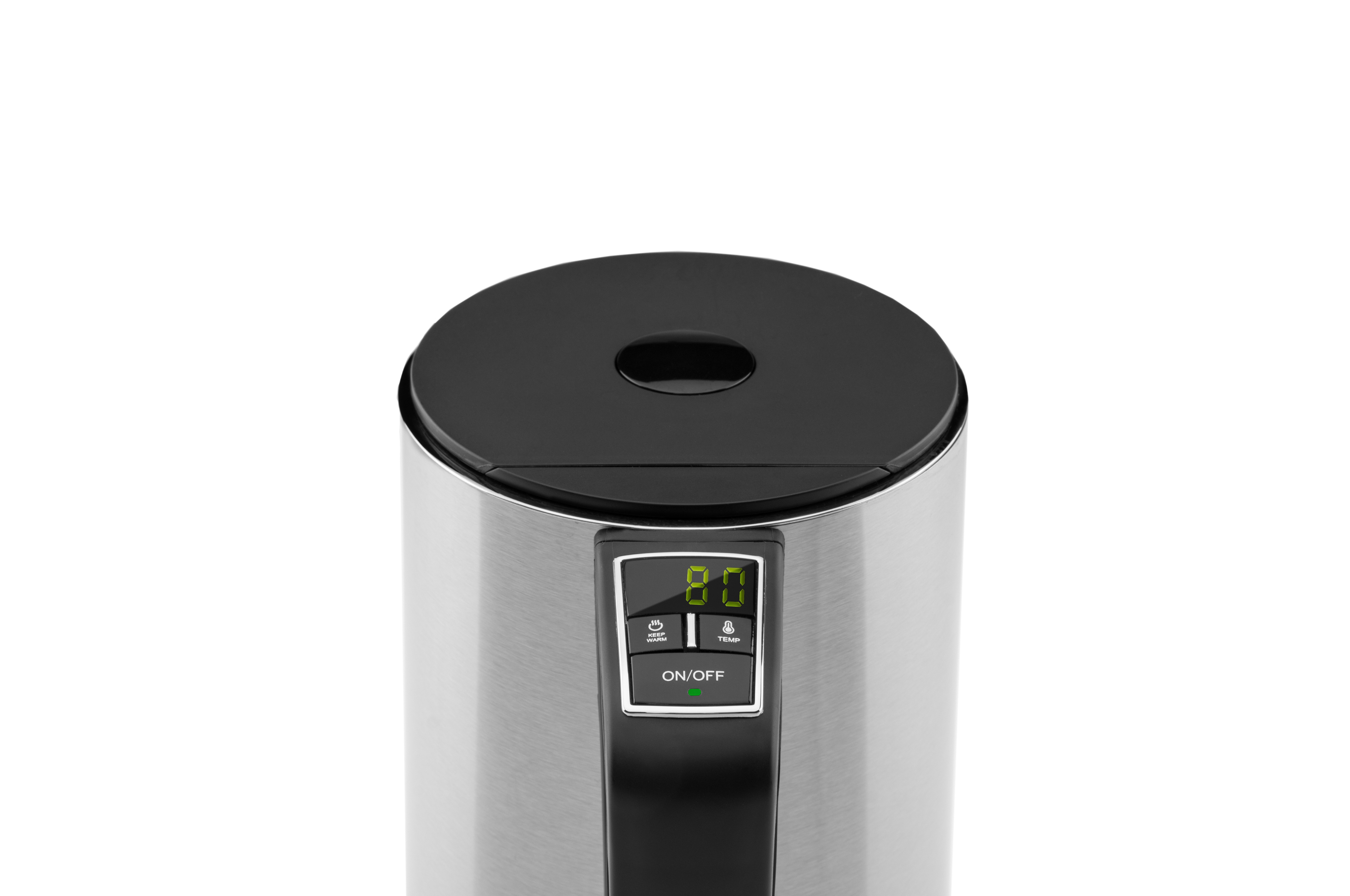Edelstahl-Wasserkocher mit Digitalanzeige, die Temperatur anzeigt, EIN/AUS-Taste sichtbar.