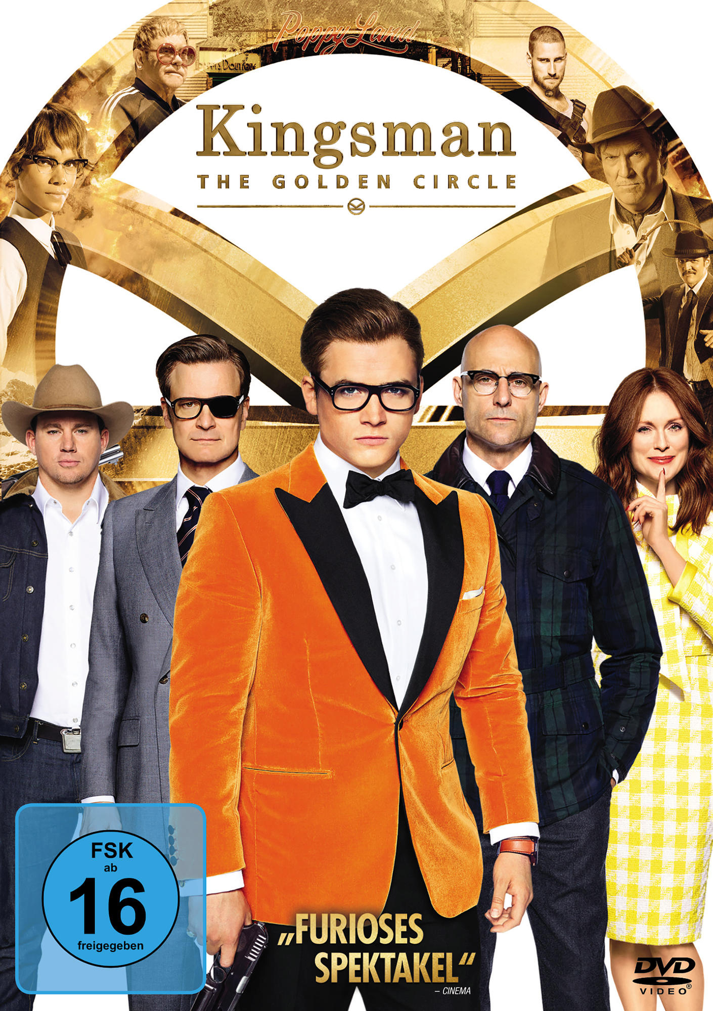 DVD-Cover für Kingsman: The Golden Circle. Schauspieler sind sichtbar. Der Titel des Films steht auf dem Cover.