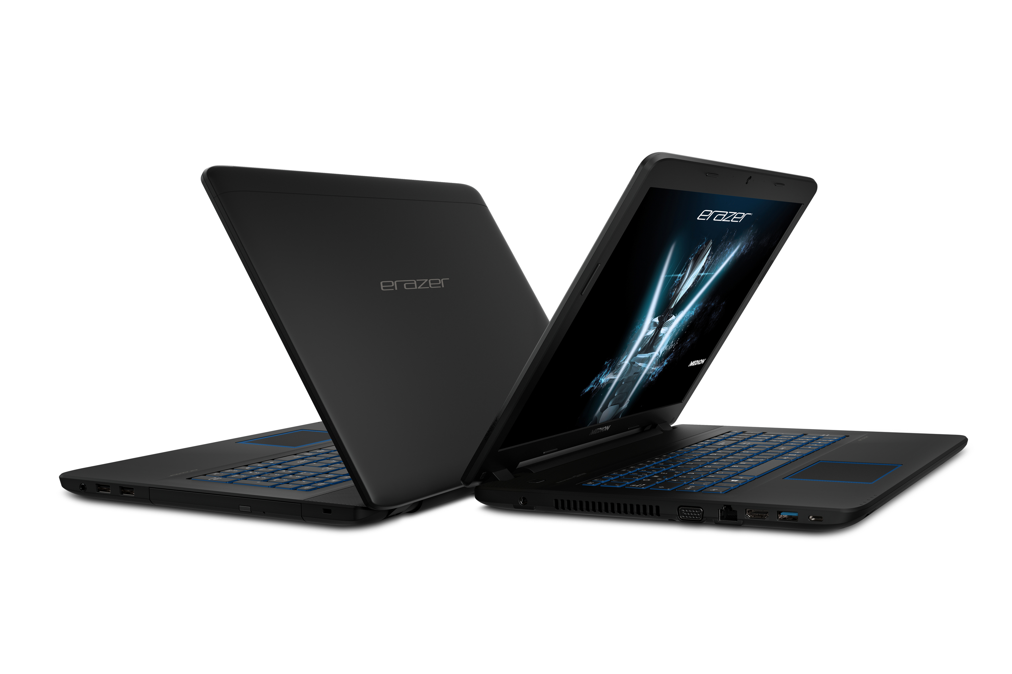 Zwei schwarze Erazer Laptops, einer offen, einer geschlossen.