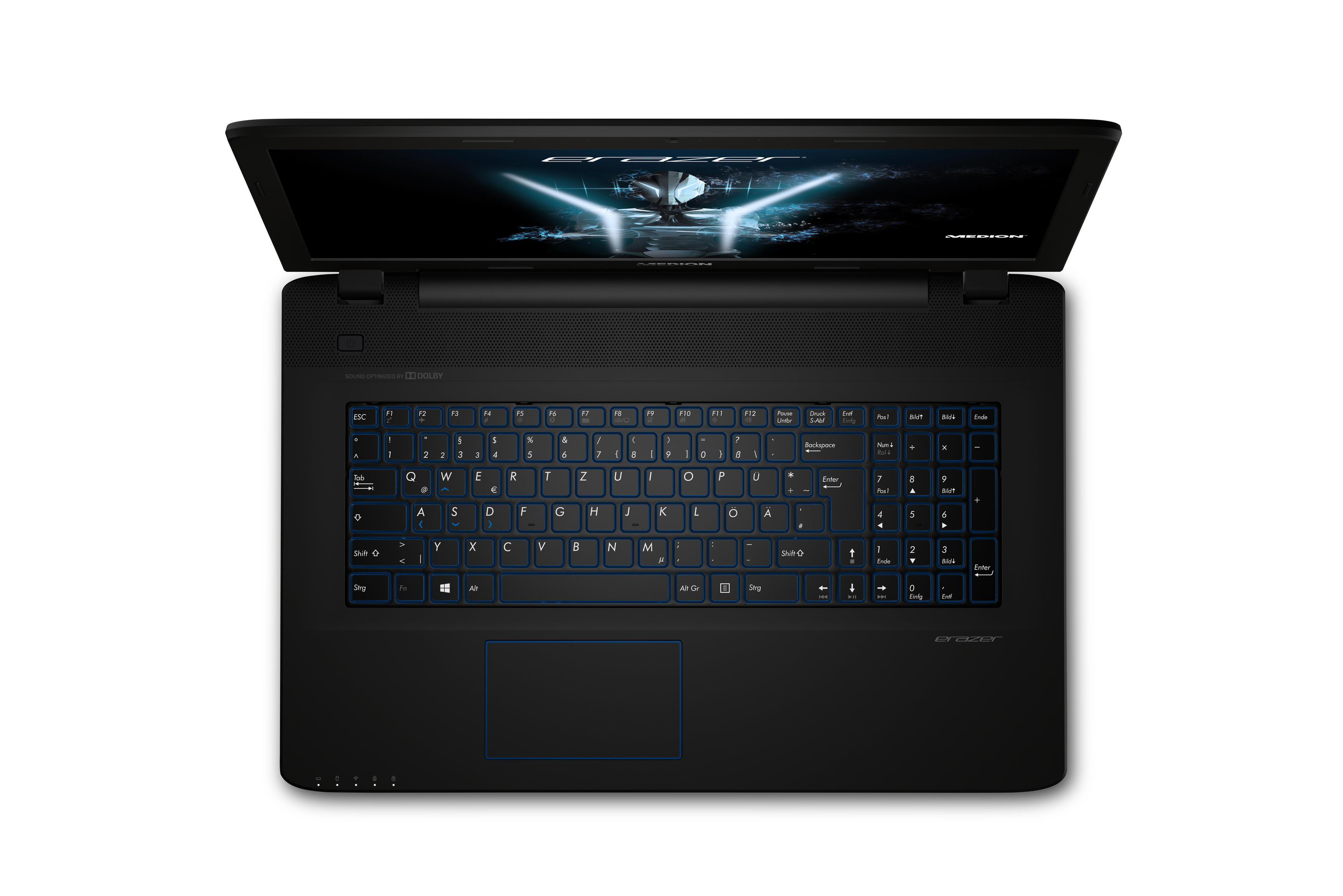 Ein schwarzer Laptop mit geöffnetem Deckel, zeigt eine blau beleuchtete Tastatur, schwarzes Trackpad, weißer Hintergrund.