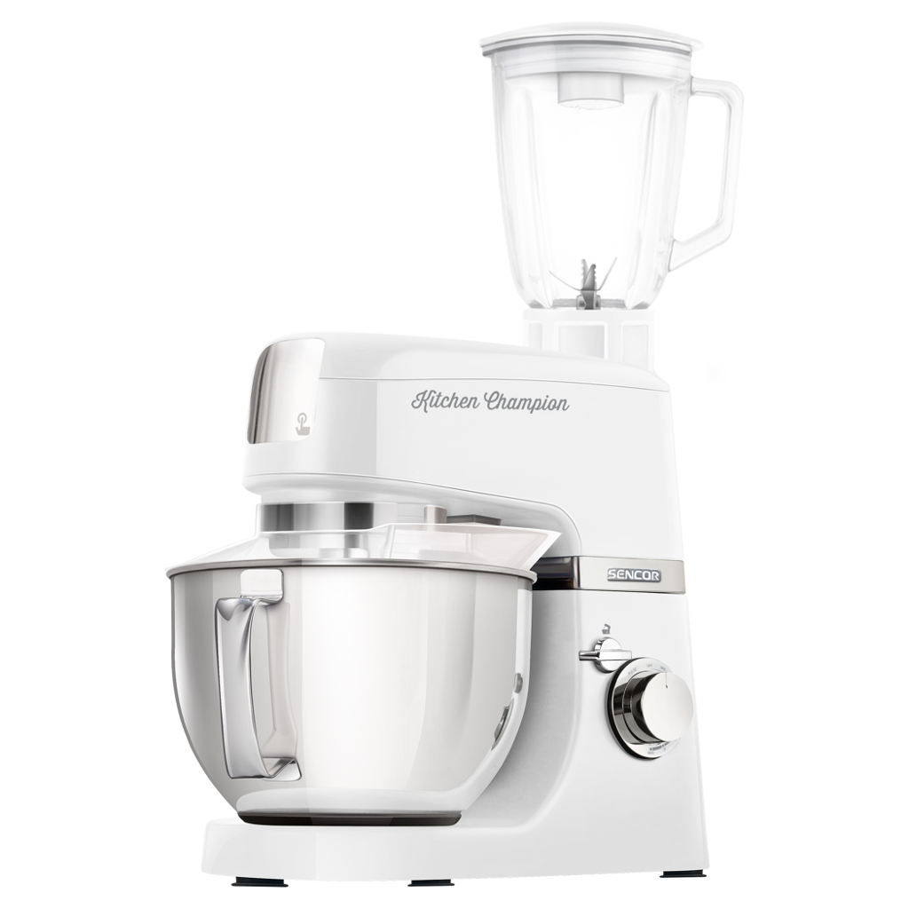 Fehér konyhai mixer turmixgép tartozékkal. Fényes fém tál. Fehér háttér.