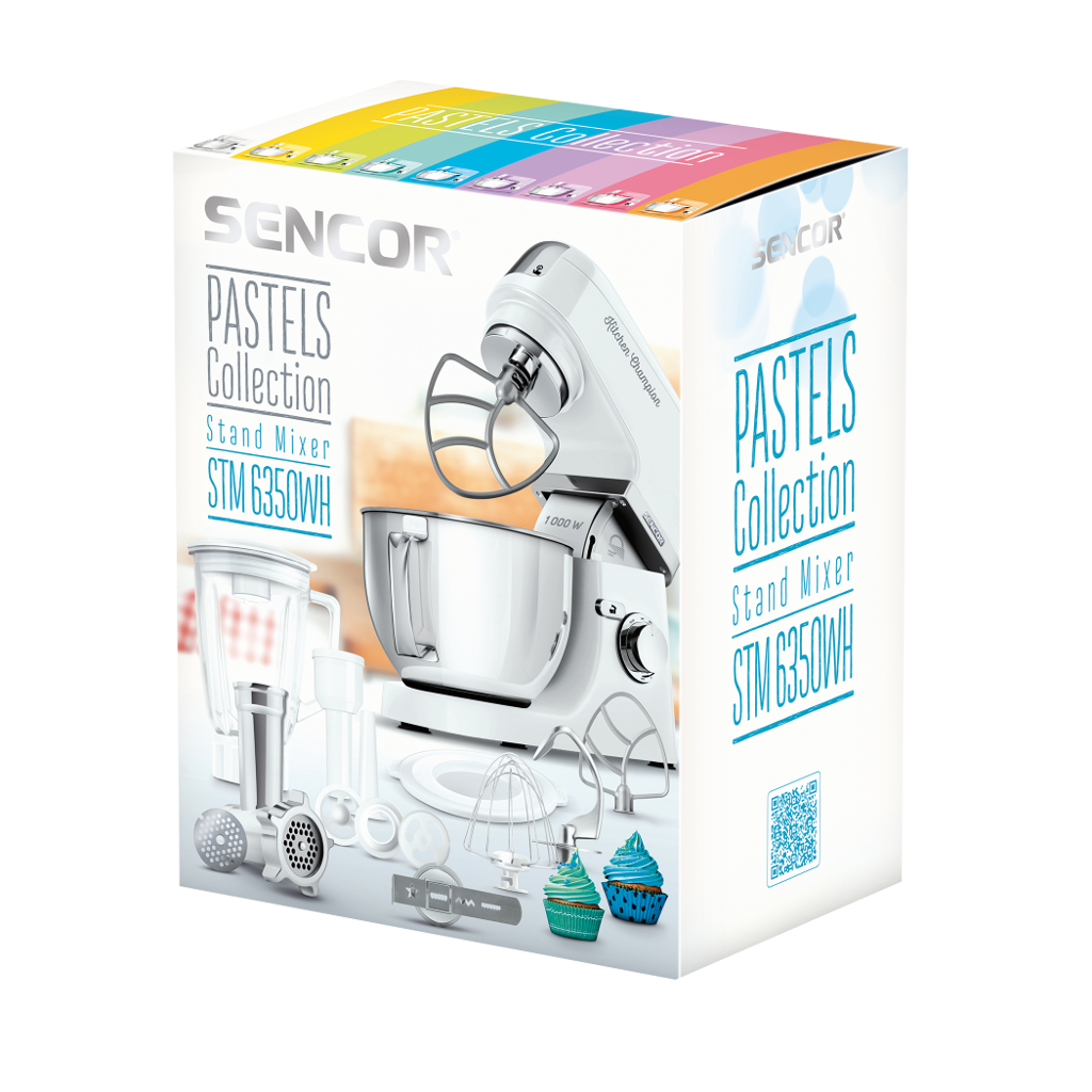 Sencor Pastels Collection robotgép doboza, mixerrel és kiegészítőkkel.