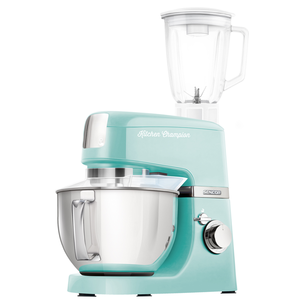 Egy türkiz színű robotgép turmix feltéttel. Rozsdamentes acél tálja és a „Kitchen Champion” felirat van rajta.