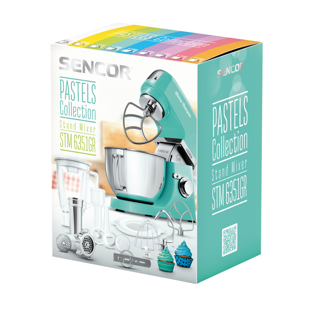 Sencor Pastels Collection robotgép doboza, türkiz, a mixerrel és tartozékaival.