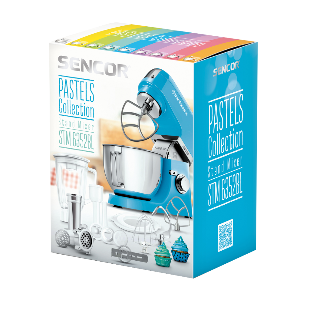 Sencor Pastels Collection robotgép doboza, mixerrel és kiegészítőkkel.