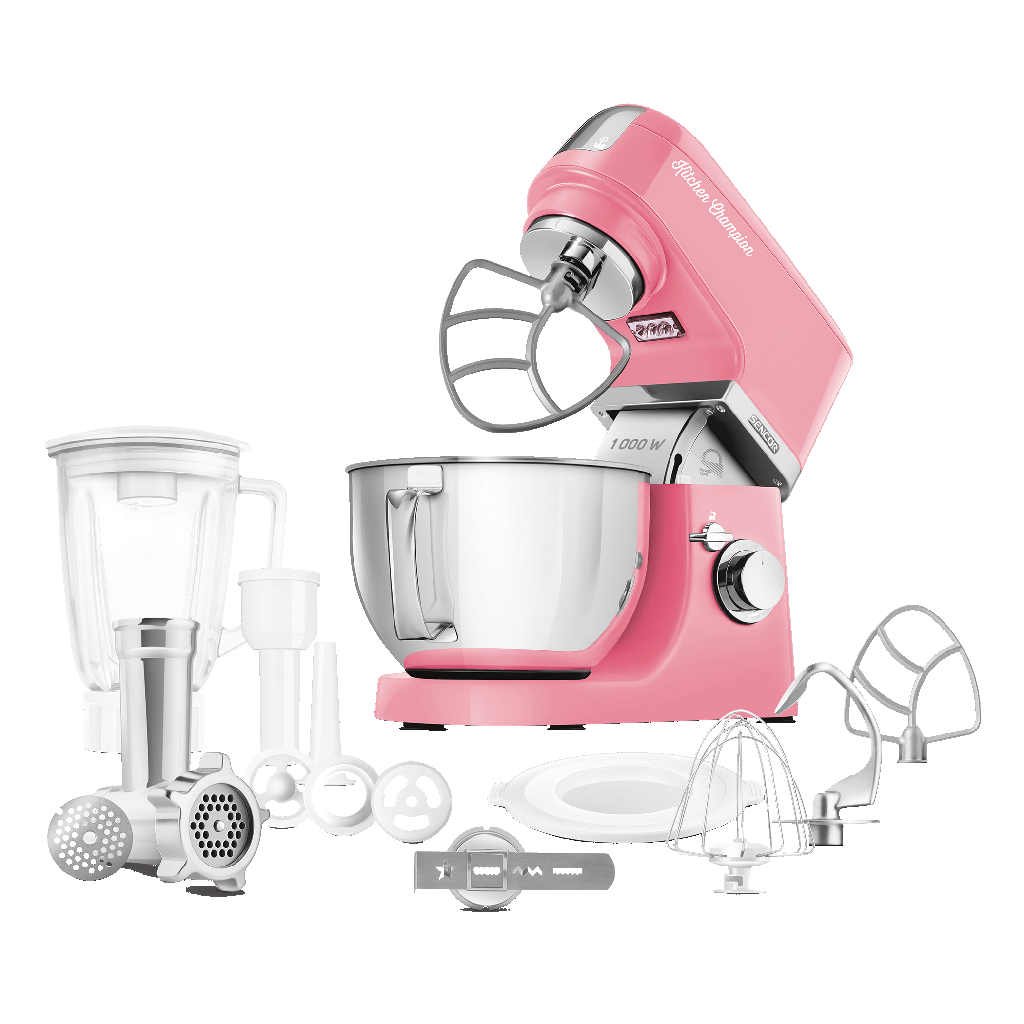 Rózsaszín konyhai robotgép különböző tartozékokkal. A keverőgép és a tartozékok szépen elrendezve.