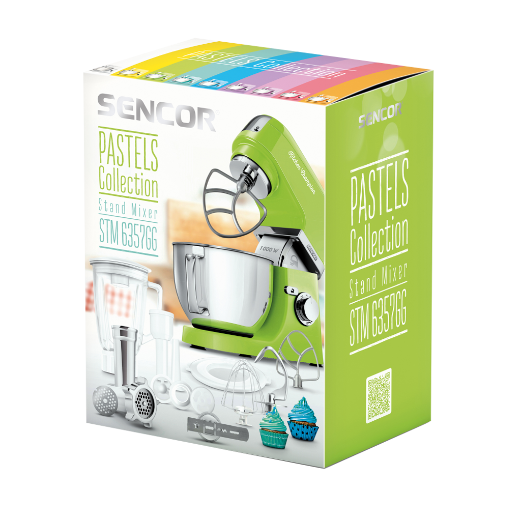Sencor Pastels Collection robotgép doboza. Zöld robotgép és tartozékok láthatók.