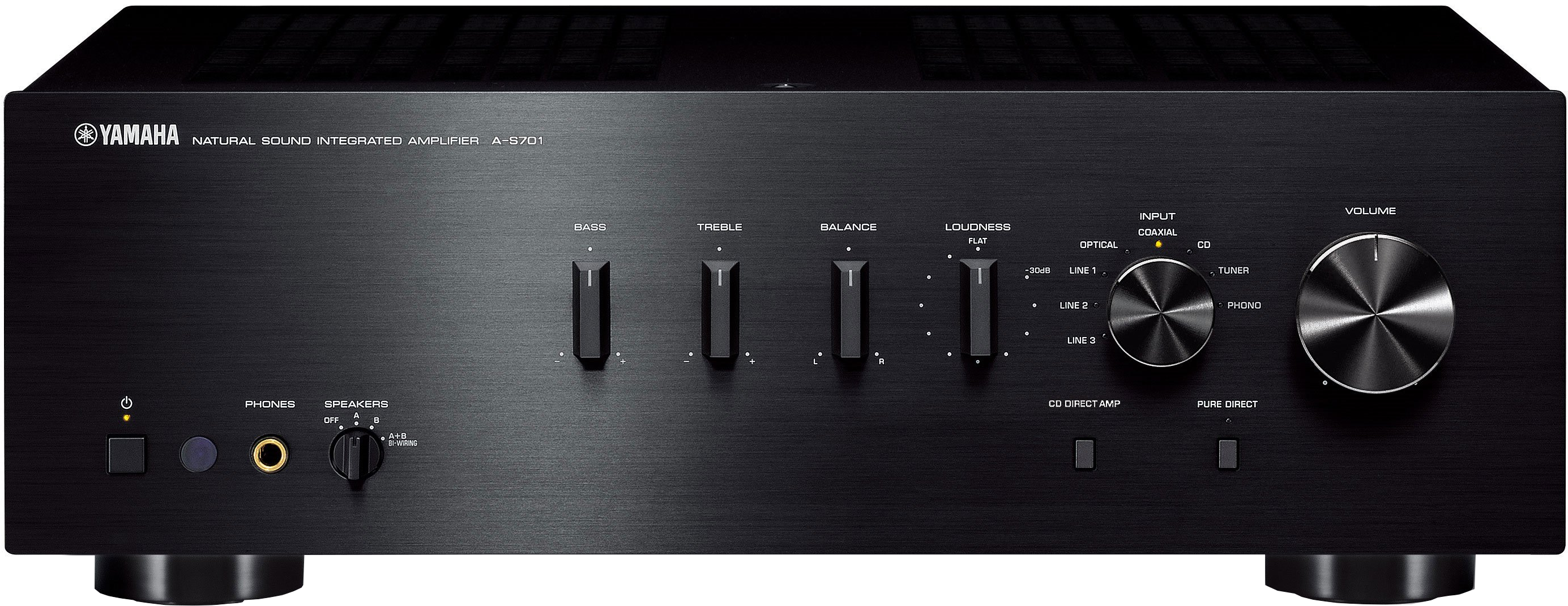 Zwarte Yamaha stereo versterker. Beschikt over bas-, treble-, balans- en volumeregelaars.