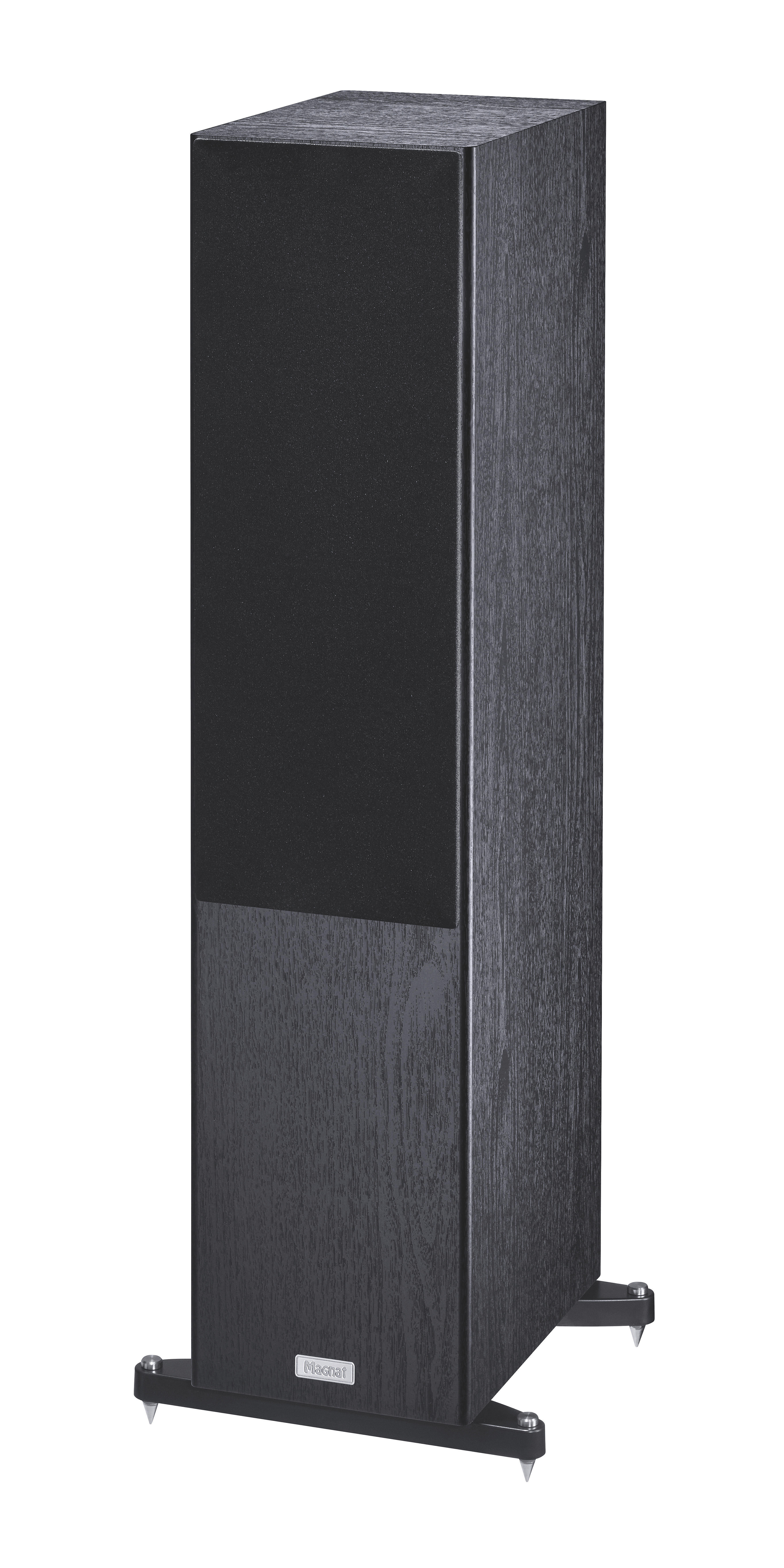 Hoher schwarzer Lautsprecher auf Ständern. Schwarzer Lautsprecherstoff auf der Vorderseite.