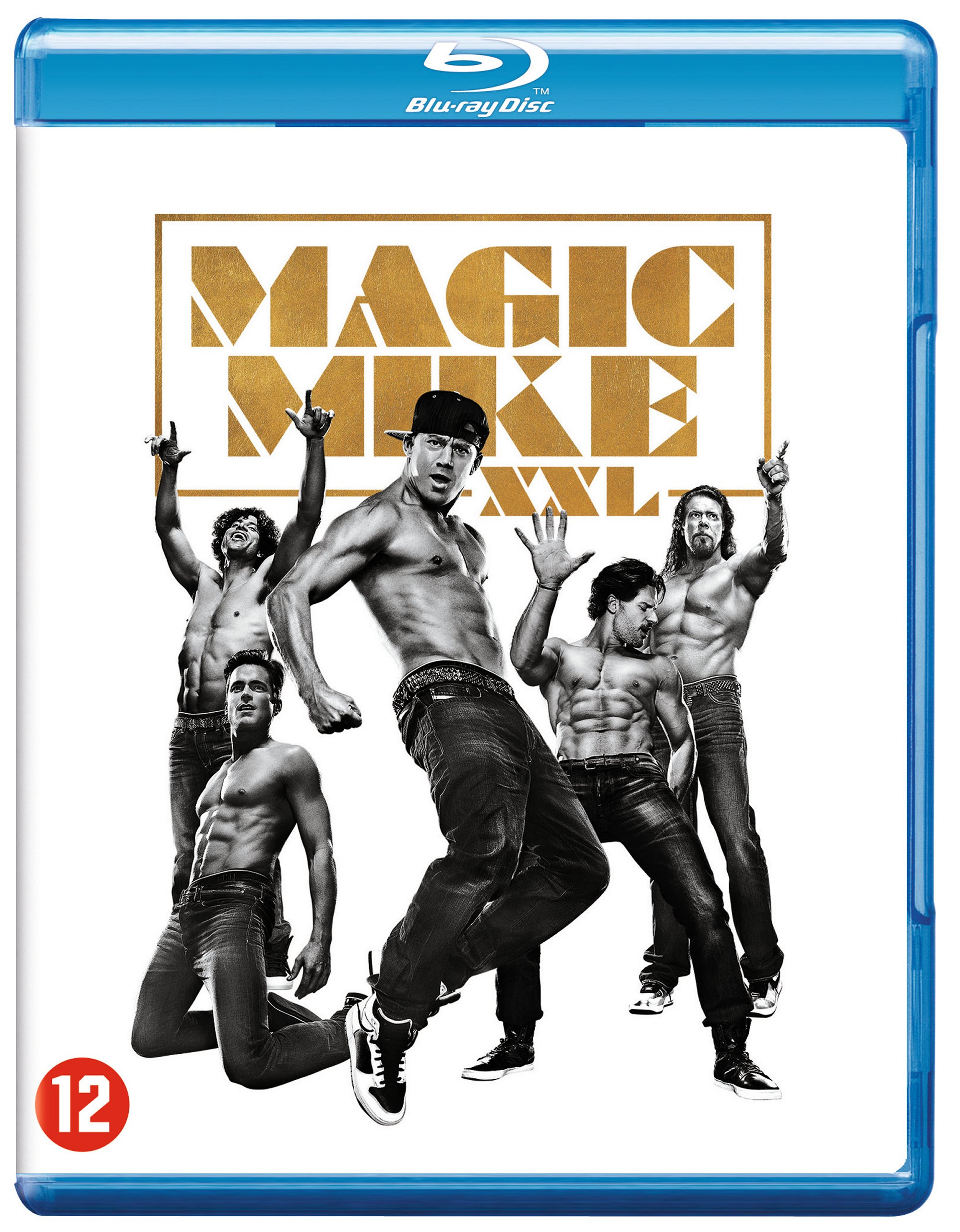 Couverture Blu-ray de 'Magic Mike XXL' avec six hommes, torse nu, en jean et dansant. La classification est 12.