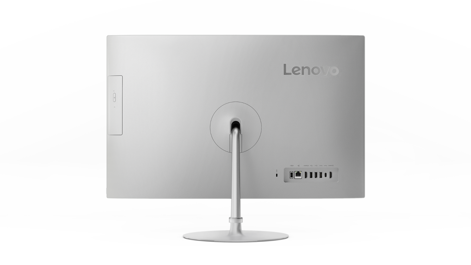 Beyaz bilgisayar ekranı arkadan, Lenovo logosu ve portlarla.