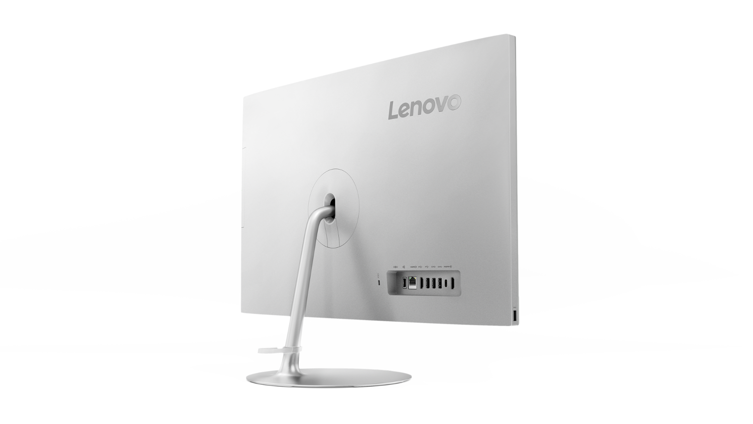 Gümüş bir standla beyaz bir Lenovo bilgisayar monitörü, arka görünüm.
