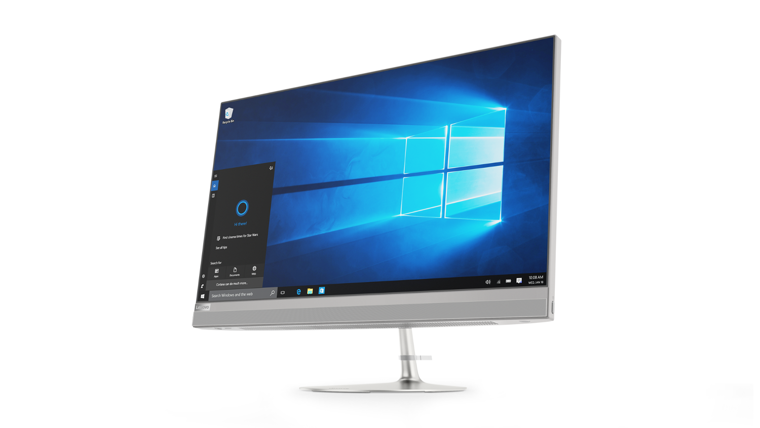 Lenovo hepsi bir arada bilgisayar. Gümüş taban, Windows arayüzünü gösteren geniş ekran. Beyaz zemin.