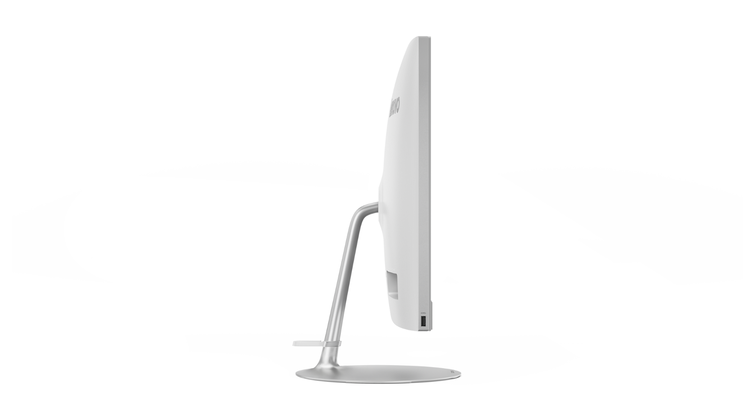 Beyaz Lenovo monitör, yan görünüm. İnce bir standı ve yuvarlak bir tabanı var.
