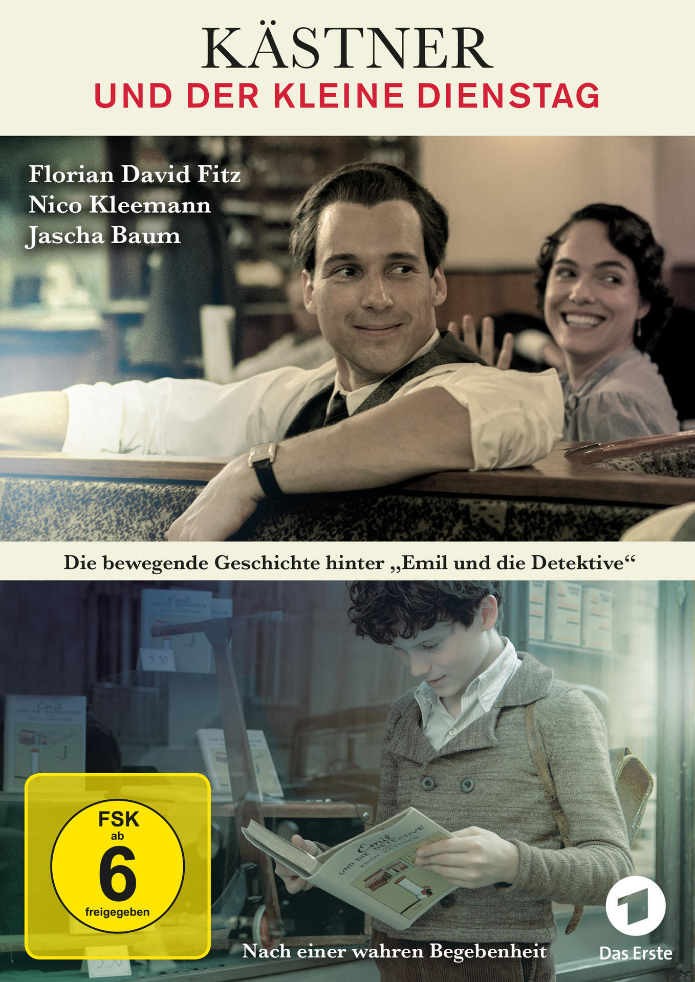 Filmcover mit lächelndem Mann und Frau. Text auf Deutsch. Ein junger Junge liest ein Buch.