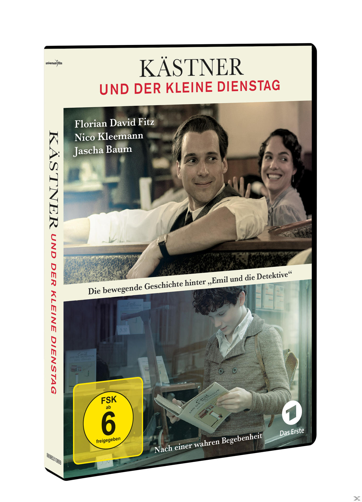 DVD-Cover: KÄSTNER UND DER KLEINE DIENSTAG. Menschen in einer Bibliotheksszene. Gelber FSK 6 Aufkleber.