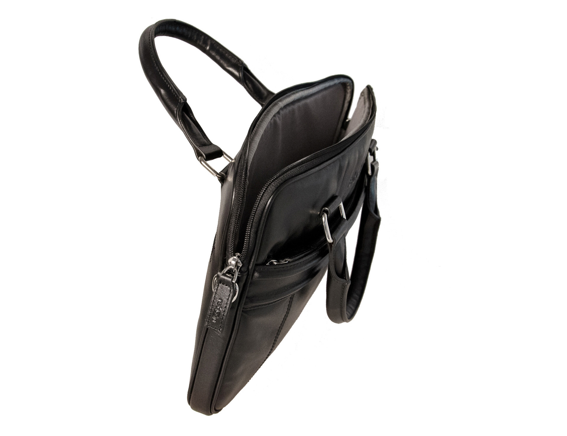 Eine schwarze Leder-Aktentasche mit Griff und Reißverschluss, offen.