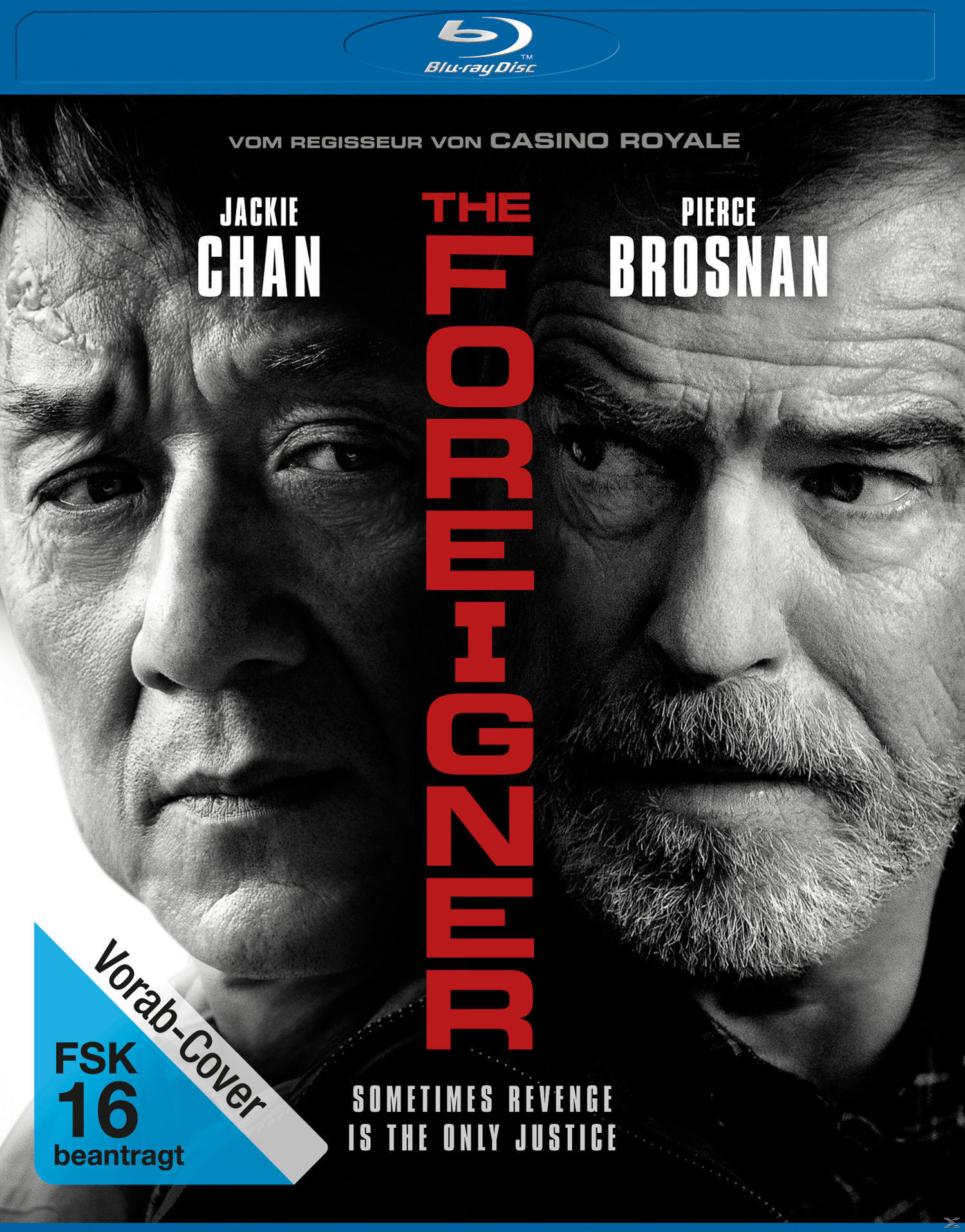 Filmcover: Gesichter von Jackie Chan und Pierce Brosnan. Titel: The Foreigner. Blu-ray.