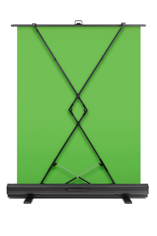 Grüne Leinwand auf schwarzem Ständer. Der Schirm hat eine schwarze X-förmige Stützstruktur.