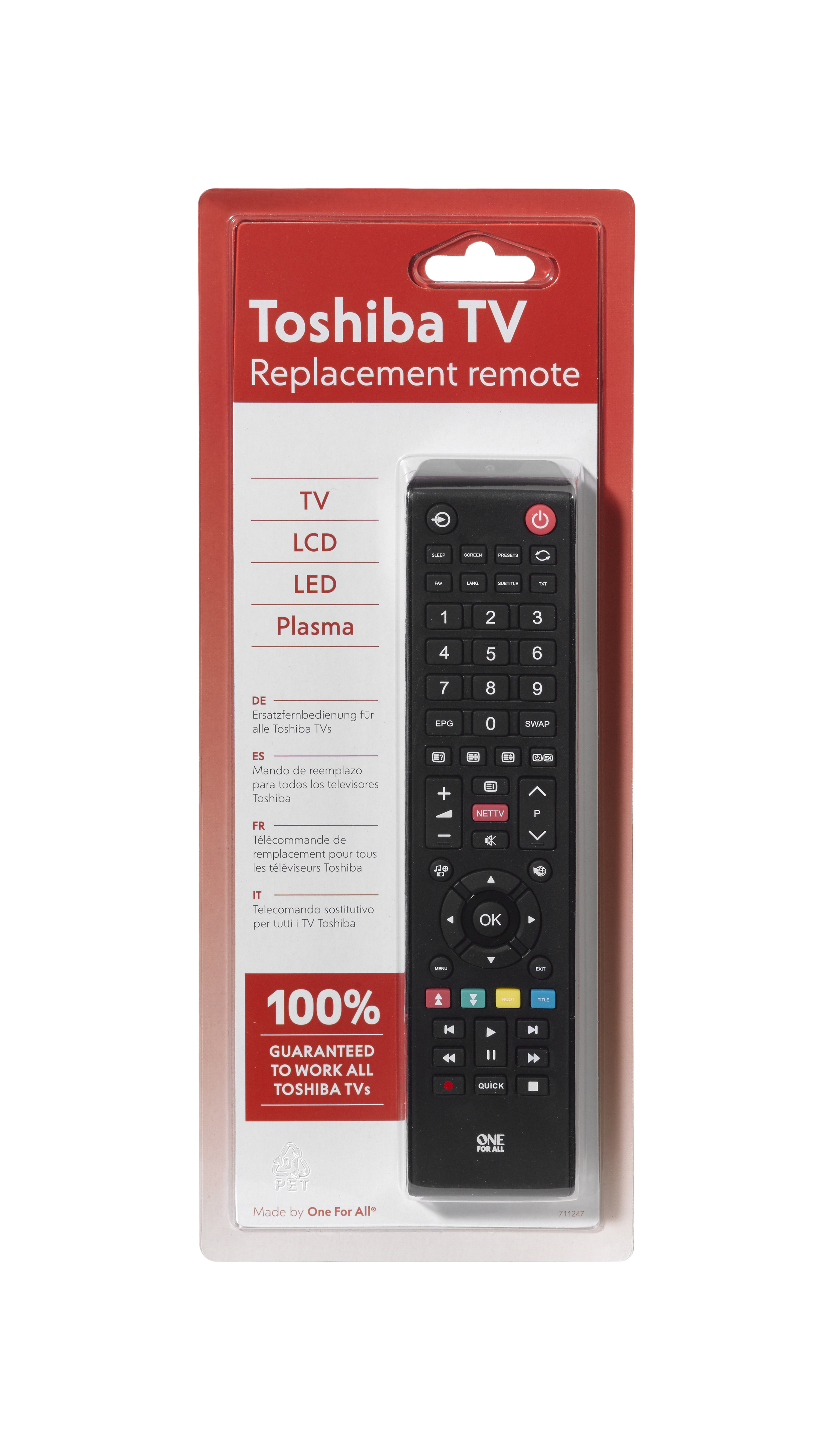 Toshiba TV Ersatzfernbedienung in Kunststoffverpackung. Text auf der Verpackung.