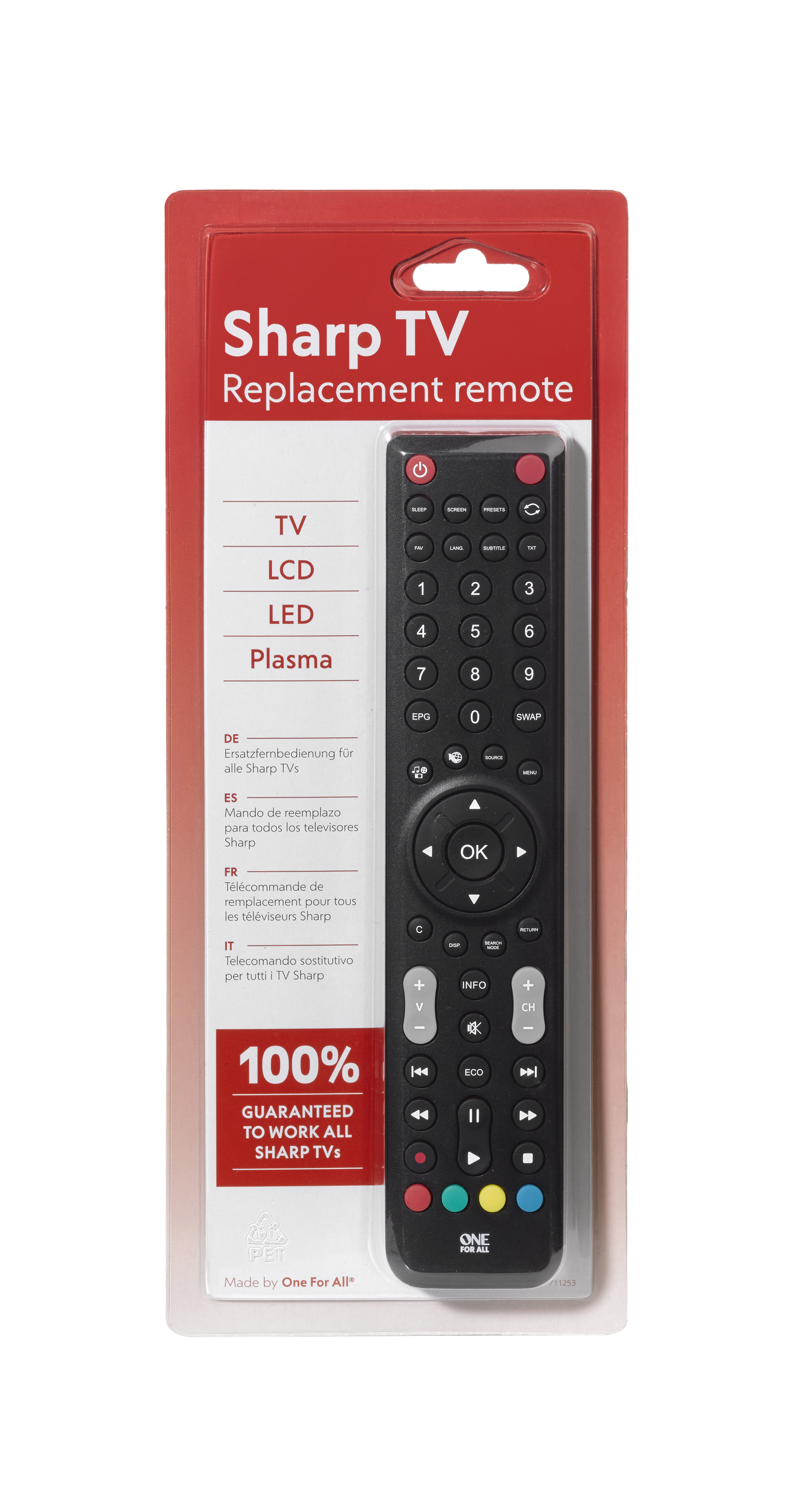 Eine Sharp TV Ersatzfernbedienung in einer Kunststoffverpackung. Schwarz mit farbigen Tasten.
