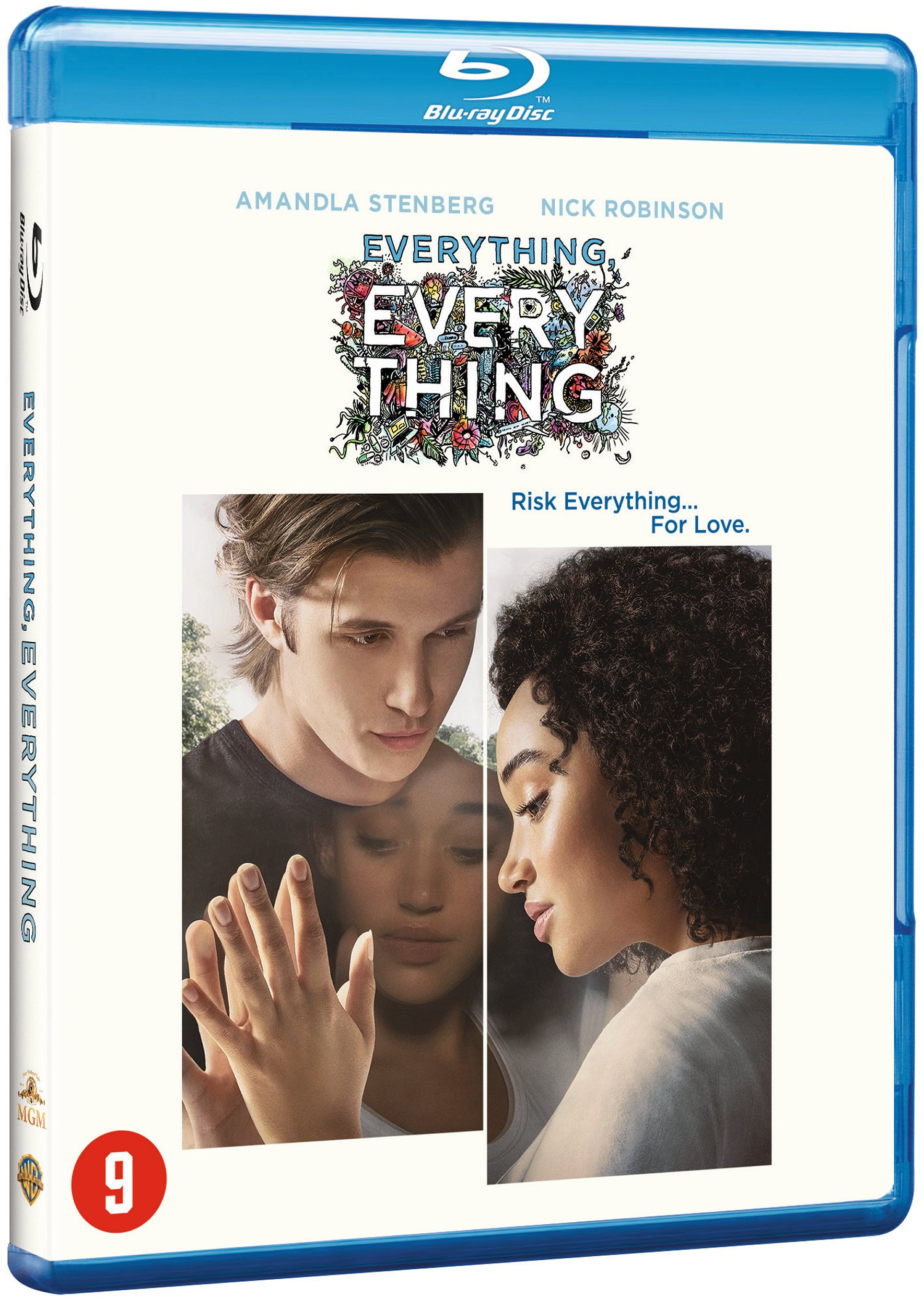 Blu-ray disc cover: A couple touching through glass, title: Everything, Everything. Actors: Amandla Stenberg, Nick Robinson.