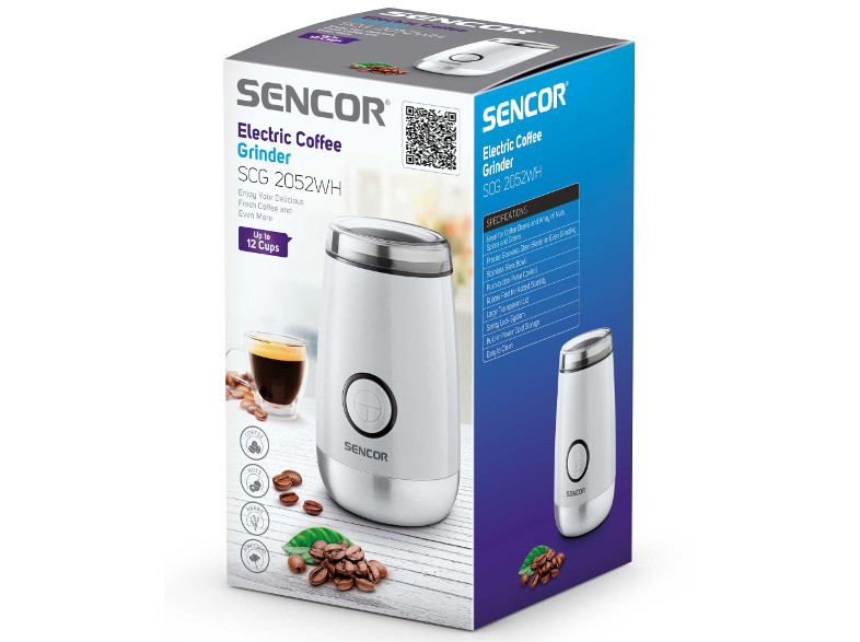 SENCOR elektromos kávédaráló doboz. A doboz a darálót és annak funkcióit mutatja.