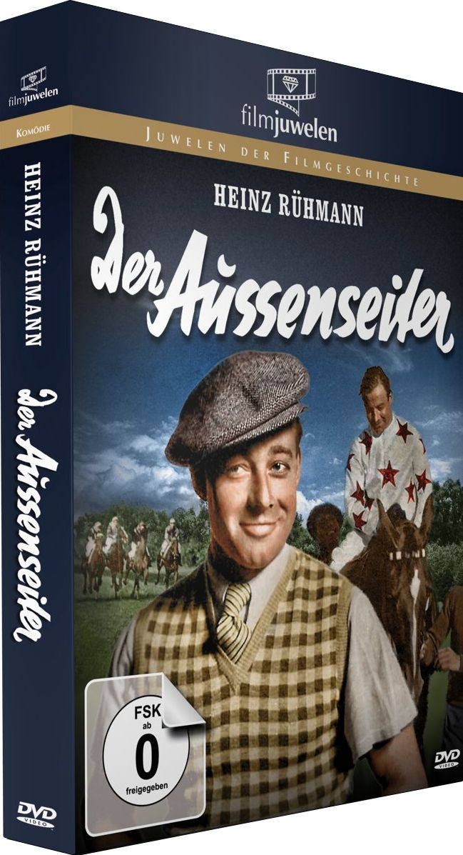 DVD-Cover. Heinz Rühmann in einem alten Film, 'Der Aussenseiter', mit Darstellern und grüner FSK-Bewertung.
