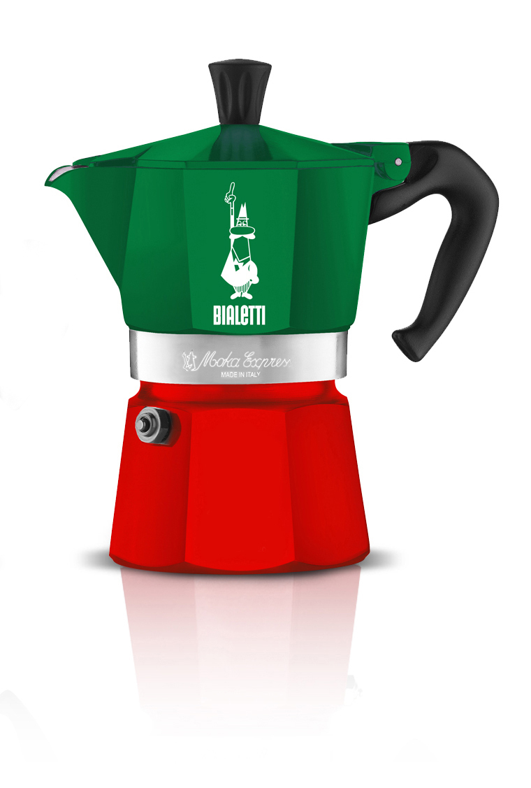 Roter und grüner Bialetti Moka Express Espressokocher. Das Logo ist weiß.