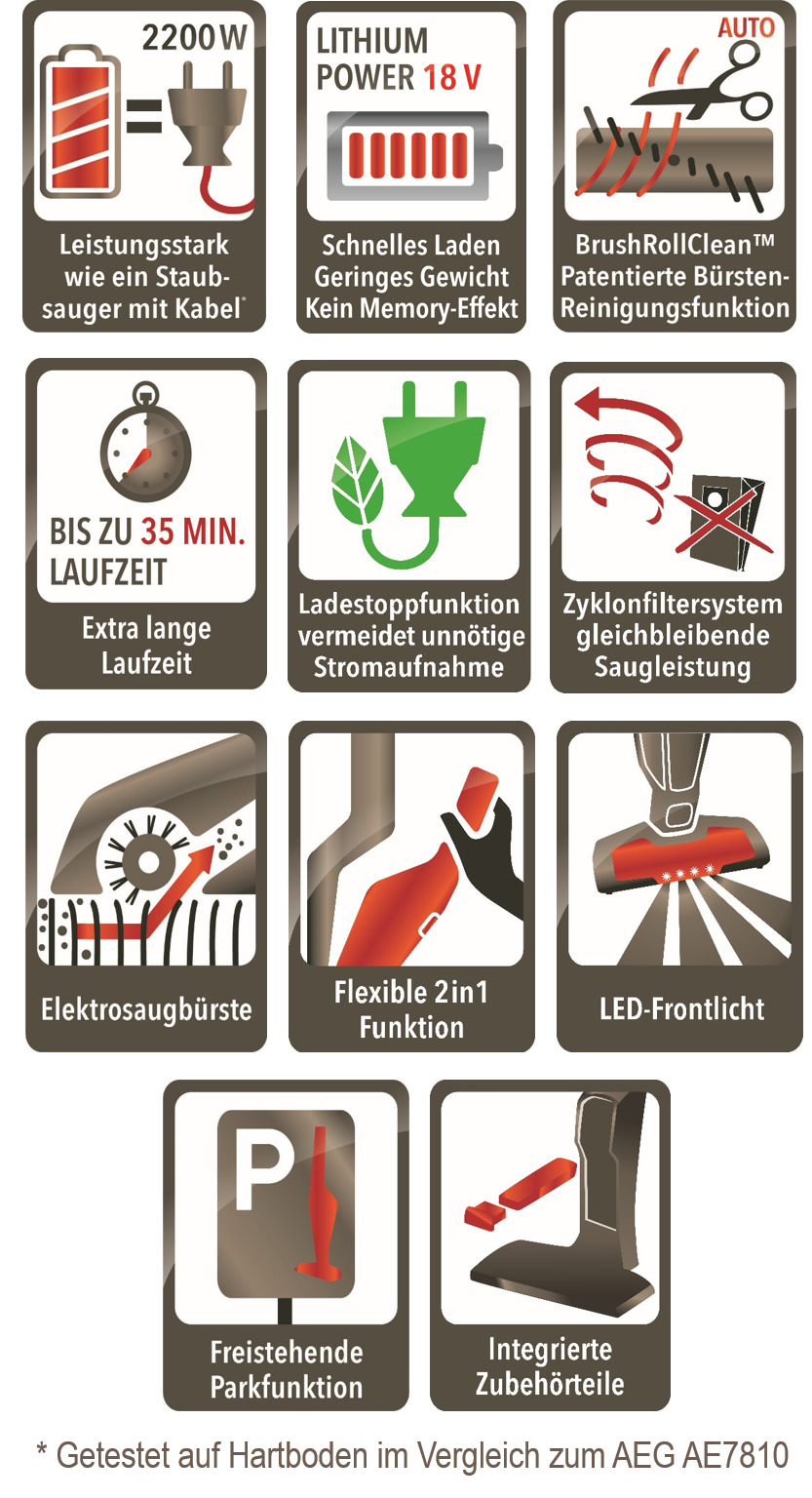 Infografik mit Symbolen, die Funktionen eines Staubsaugers wie Leistung, Akku, Reinigungsfunktionen, Laufzeit und Zubehör veranschaulichen.
