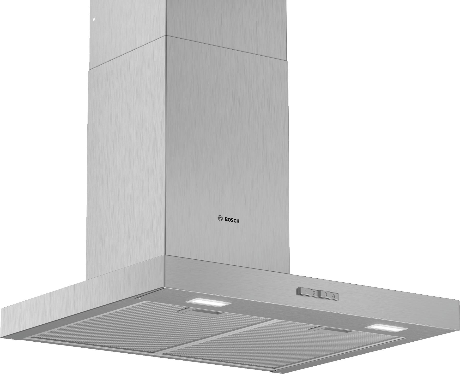 Dunstabzugshaube aus Edelstahl mit Bosch-Logo und drei Bedientasten.