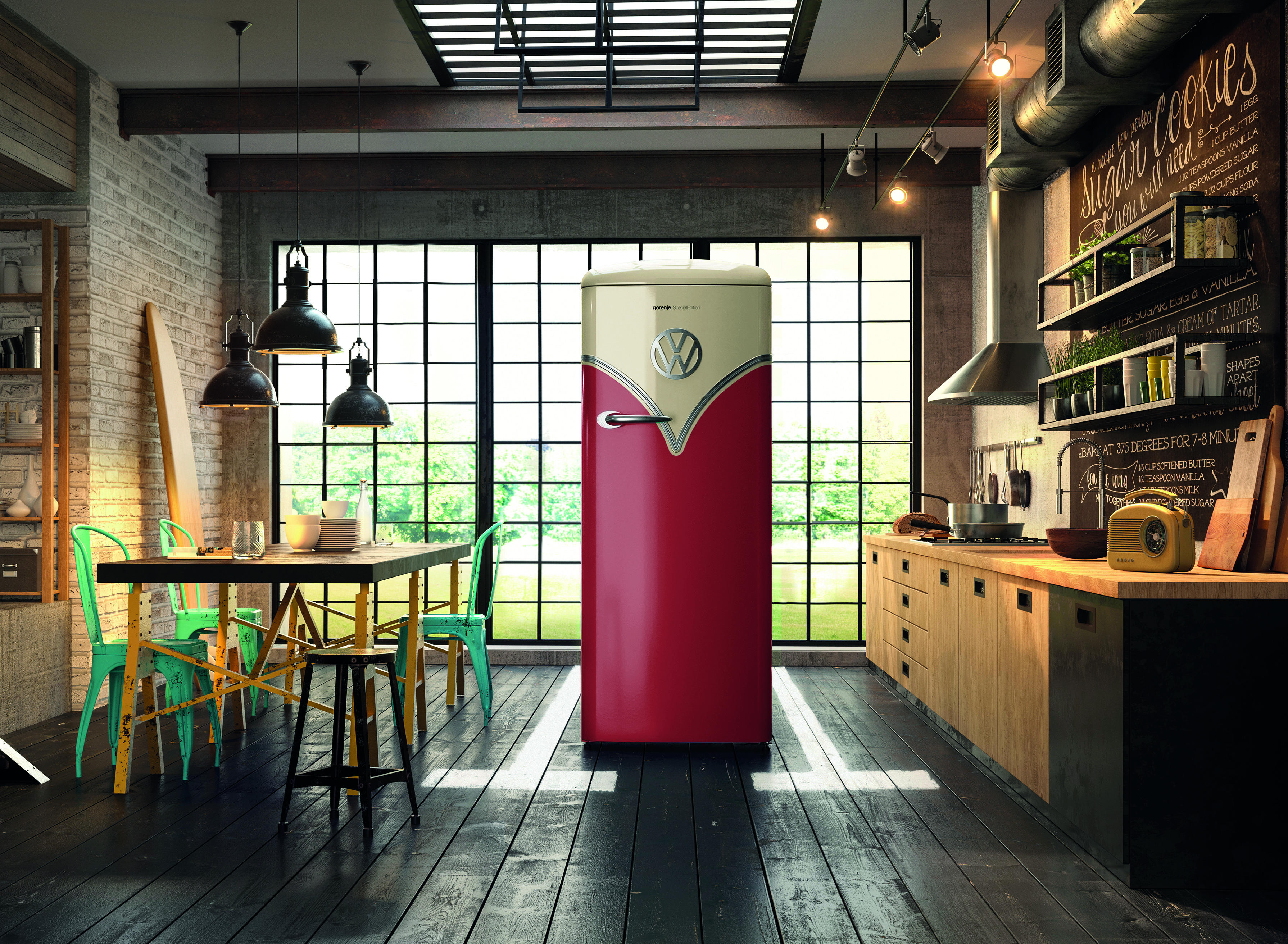 GORENJE OBRB 153 R  VW-Bulli Retro  Kühlschrank (254 l, E, 1540 mm hoch, Burgund/Champagner)