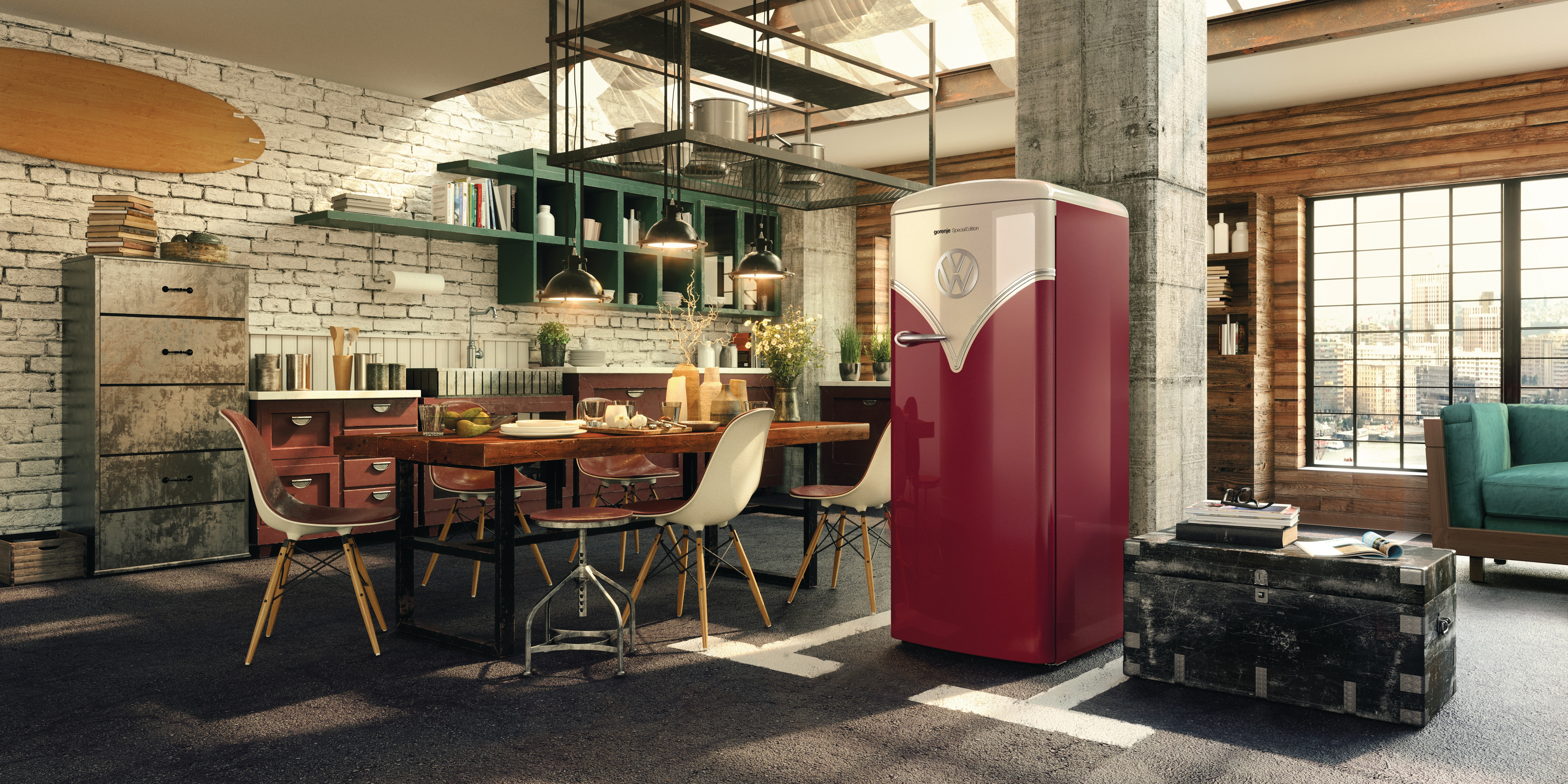 GORENJE OBRB 153 R  VW-Bulli Retro  Kühlschrank (254 l, E, 1540 mm hoch, Burgund/Champagner)