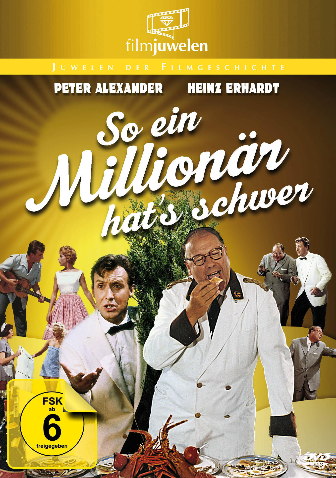 DVD-Cover mit Schauspielern, Titel: So ein Millionär hat's schwer, ein Mann isst, gelber Hintergrund.