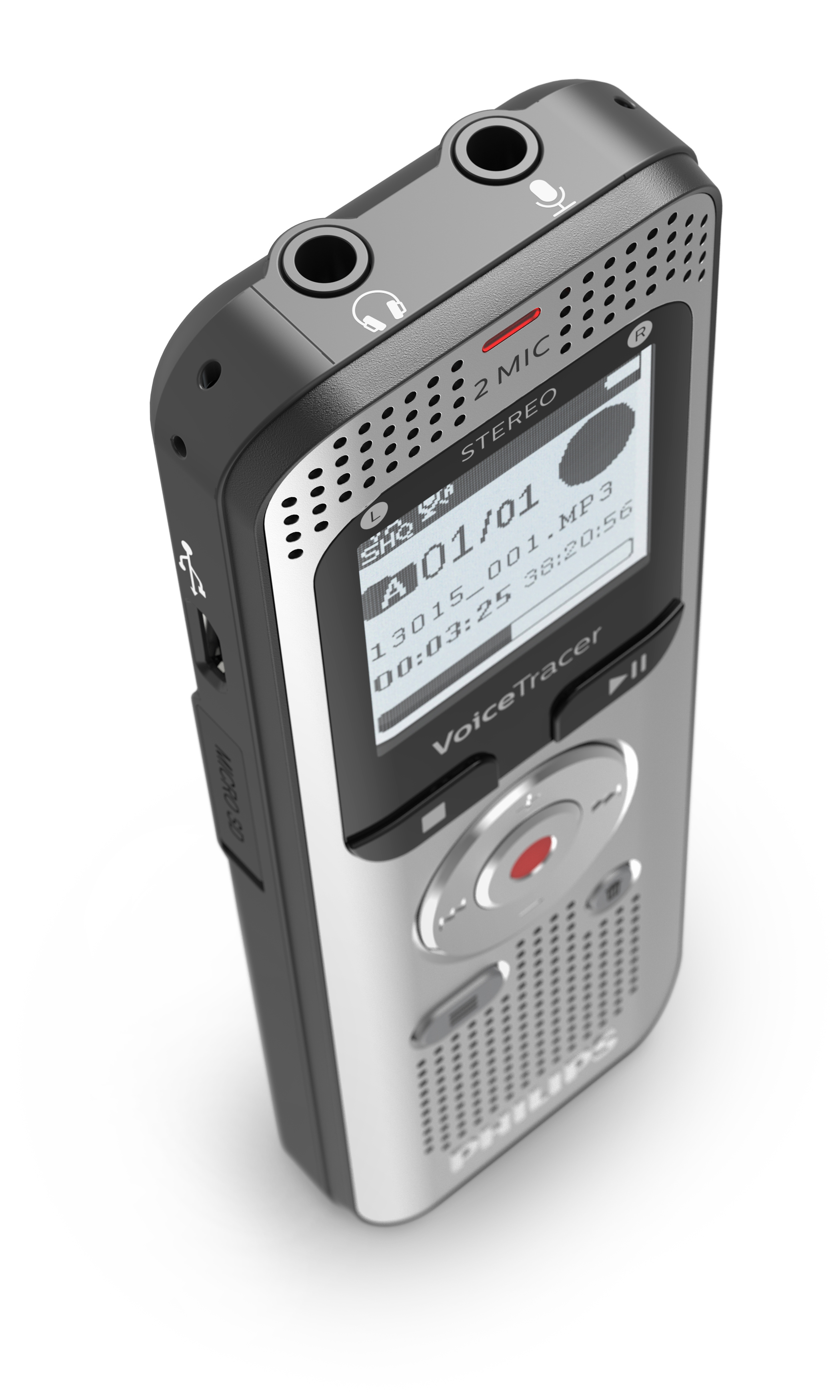 Silberner und schwarzer Philips VoiceTracer Audiorecorder. Mit Bildschirm, Tasten und Mikrofoneingängen.