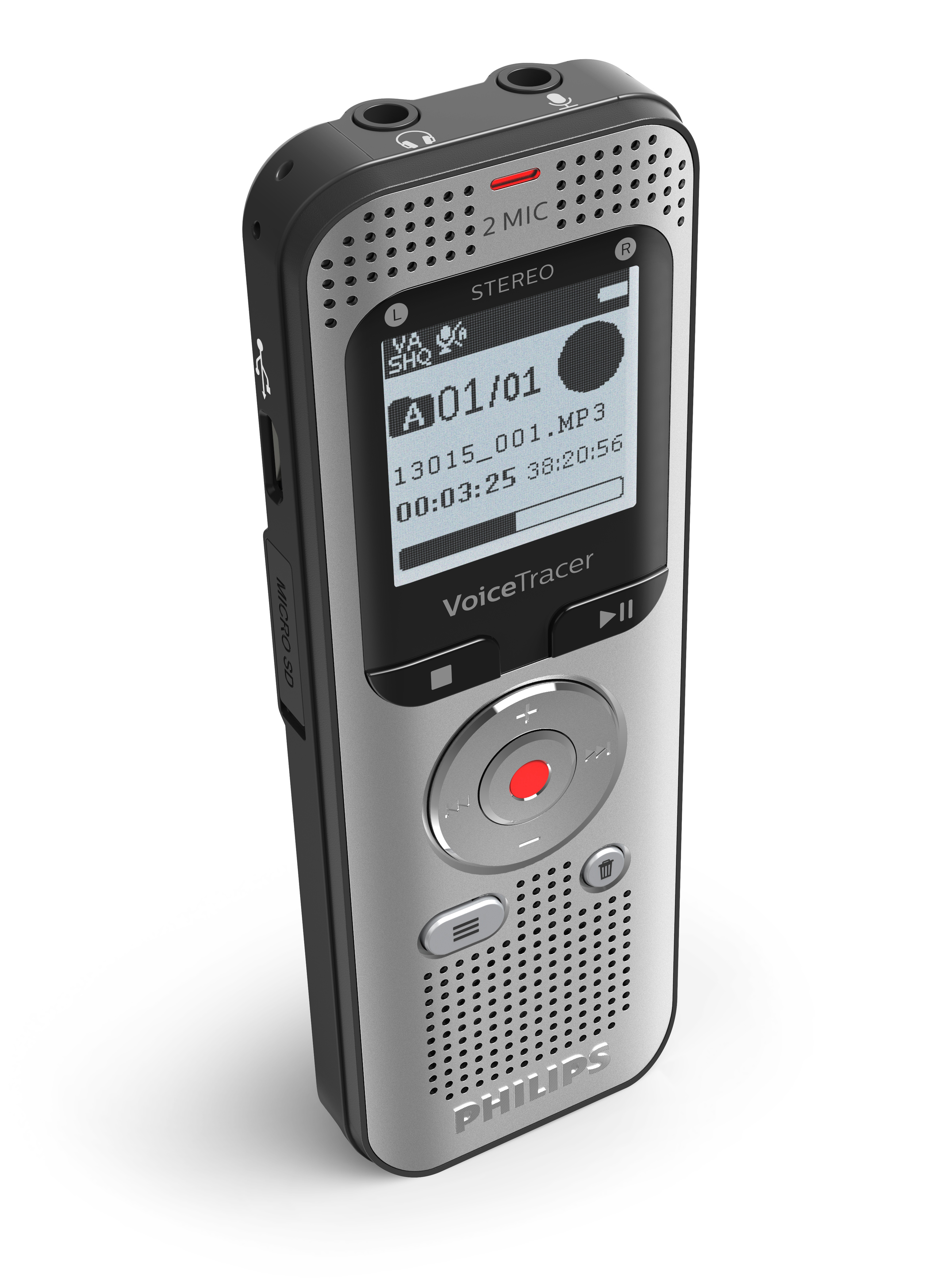 Silber-schwarzes Philips VoiceTracer digitales Diktiergerät, mit Audioanzeige.