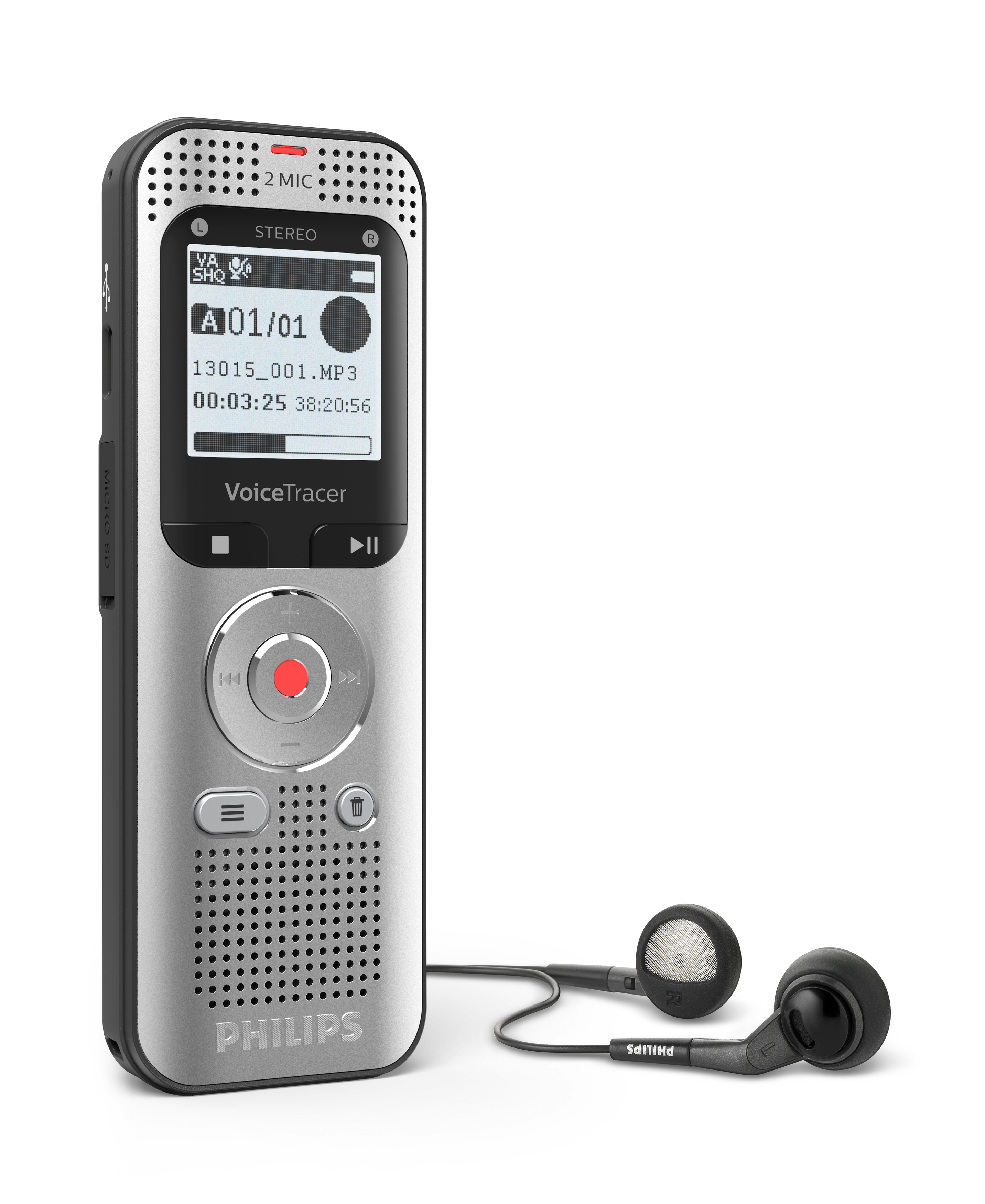 Ein silbernes VoiceTracer, schwarze Ohrhörer, Bildschirm mit Text und Knöpfen.