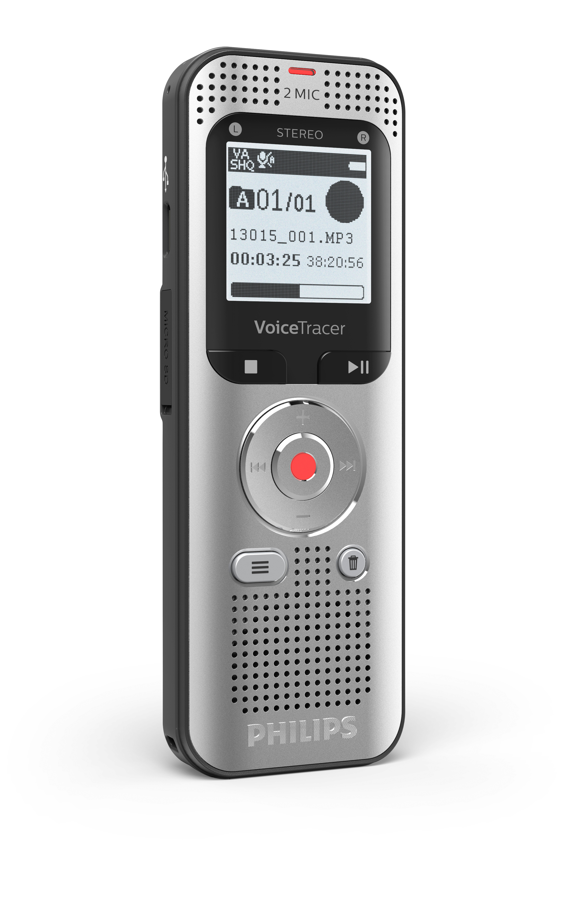 Silberner und schwarzer Philips VoiceTracer. Mit Bildschirm und Knöpfen. Die Unterseite hat Löcher.