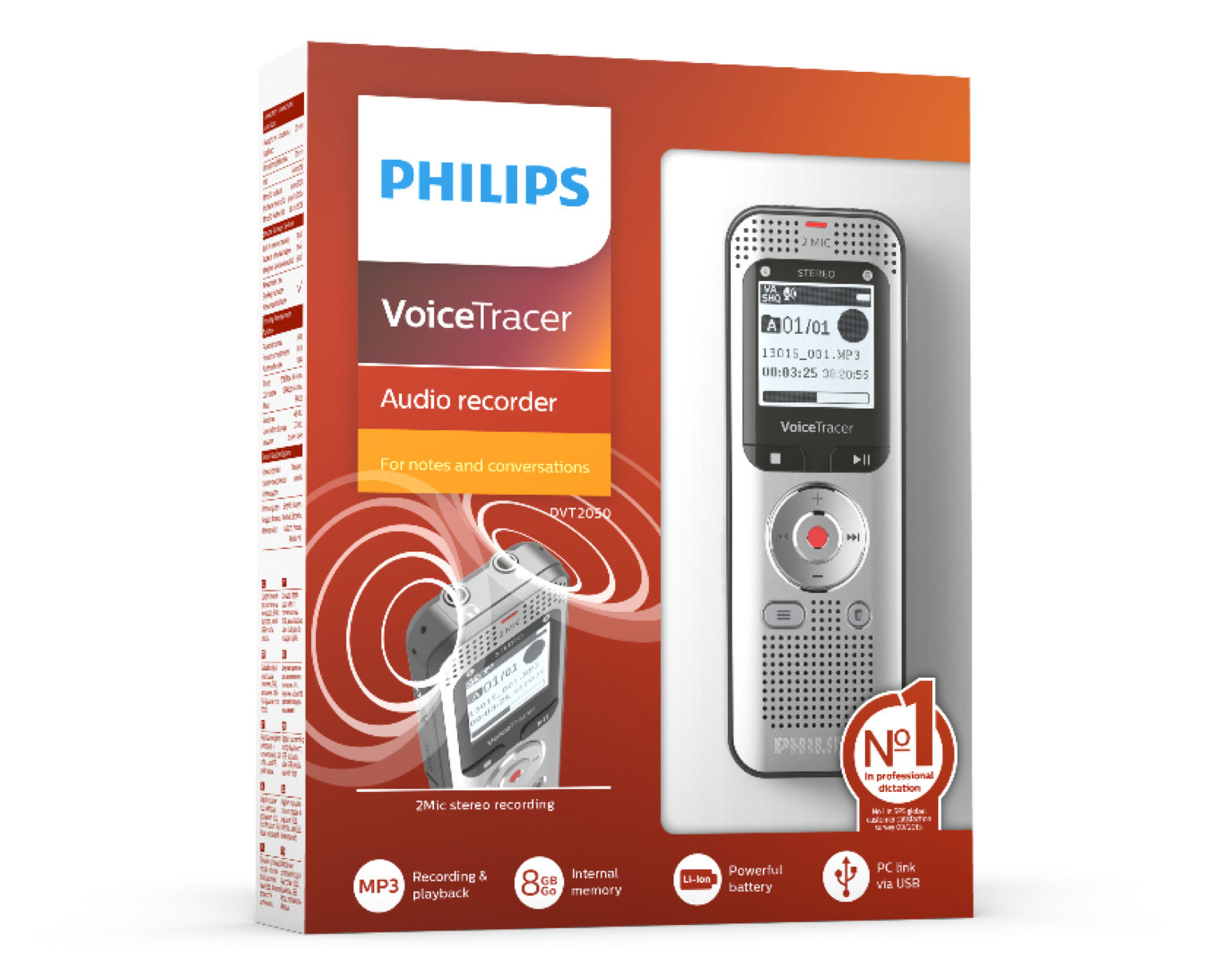 Philips VoiceTracer Audiorekorder in einer Box. Es hat einen Bildschirm, Knöpfe und das Markenlogo.