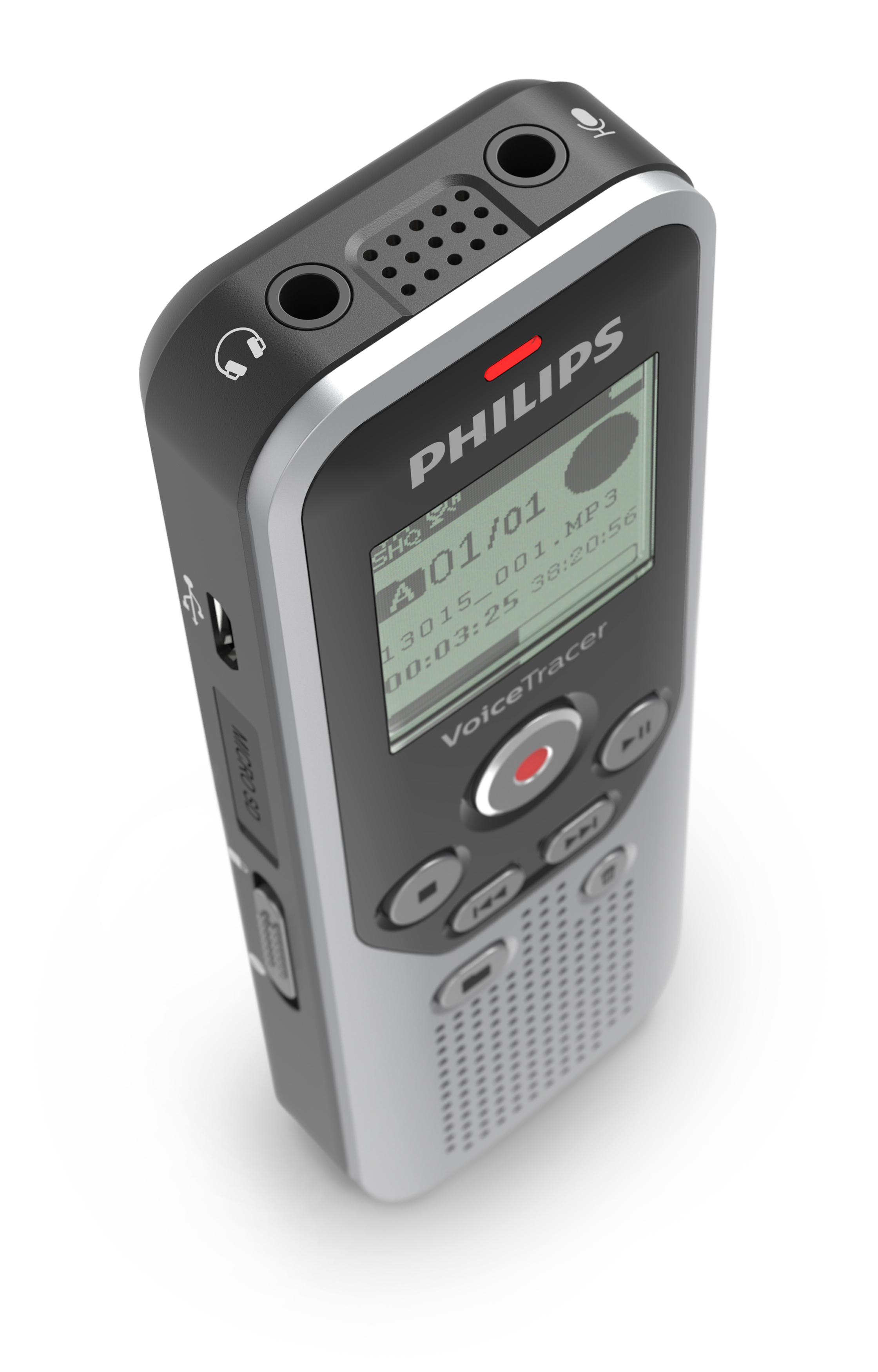 Ein schwarz-grauer Philips Voice Tracer mit Bildschirm und Knöpfen auf weißer Oberfläche.