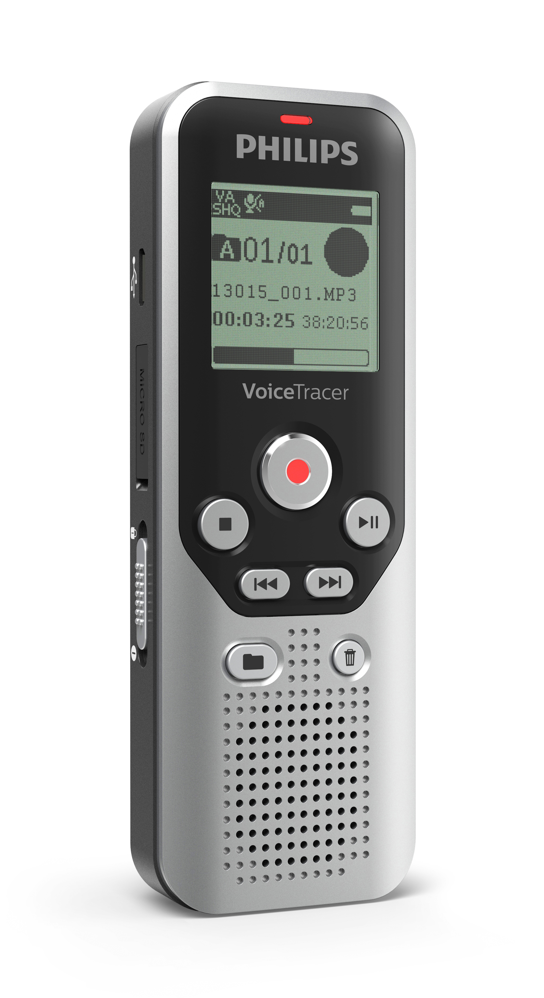Silber-schwarzer Philips VoiceTracer digitaler Sprachrekorder mit Bildschirm, Tasten und Mikrofon.