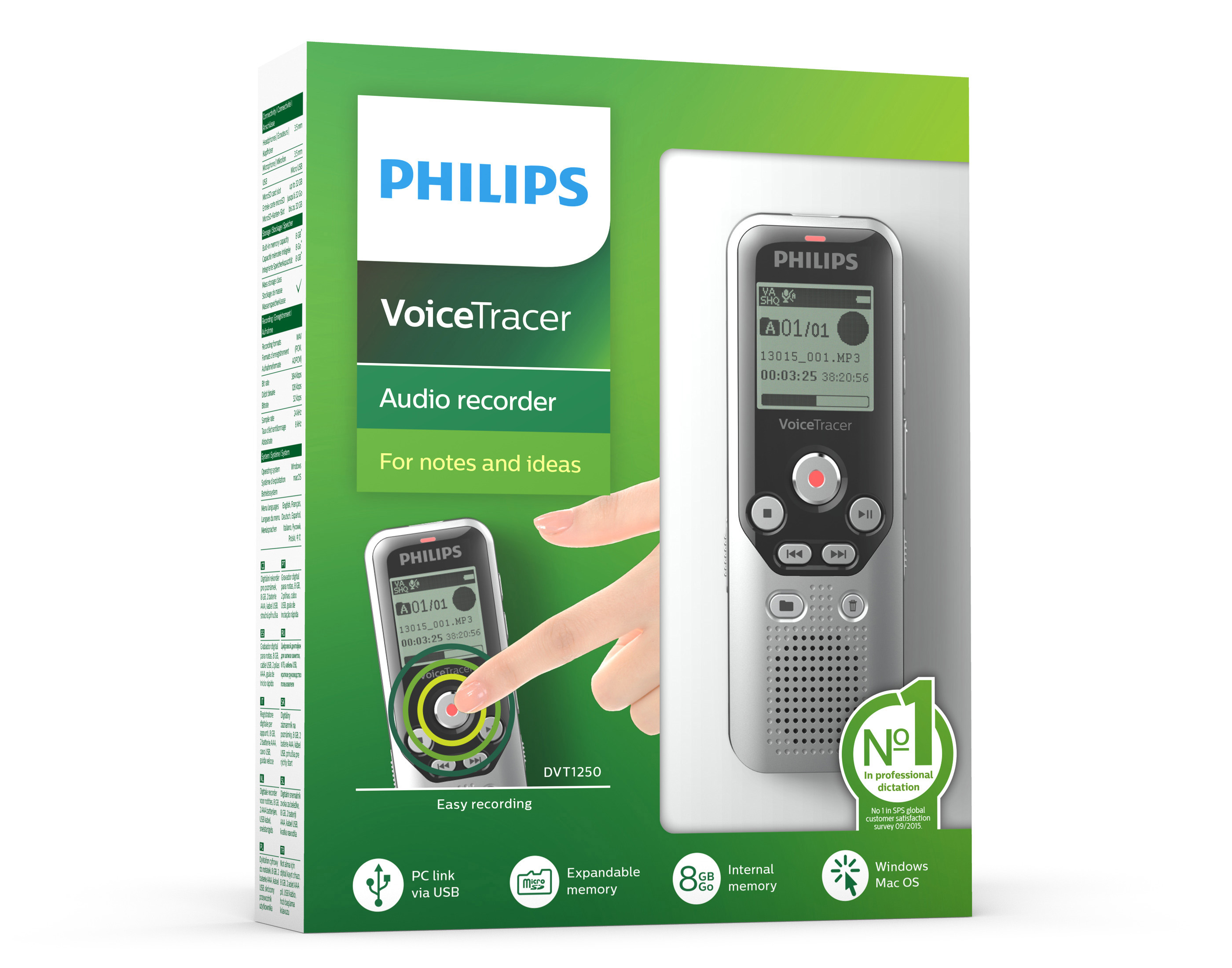 Schachtel des Philips VoiceTracer Audiorekorders. Eine Hand zeigt auf das Gerät auf der Schachtel.